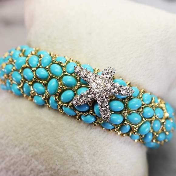 ⚜️ Vintage Kenneth Jay Lane Crystal Starfish Turquoise Cabochon Bracelet - Picture 10 of 16